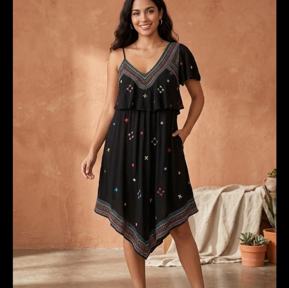 Free People Black V-Neck Top with Multicolor Embroidery